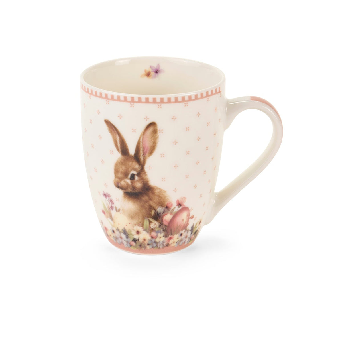 Dolce set Nuvole di Stoffa linea PePen tazza mug alta e box decorata. Decorazione pasquale con ghirlanda di coniglietti, uova colorate e fiori di campo. Confezione regalo inclusa, stile shabby chic.
