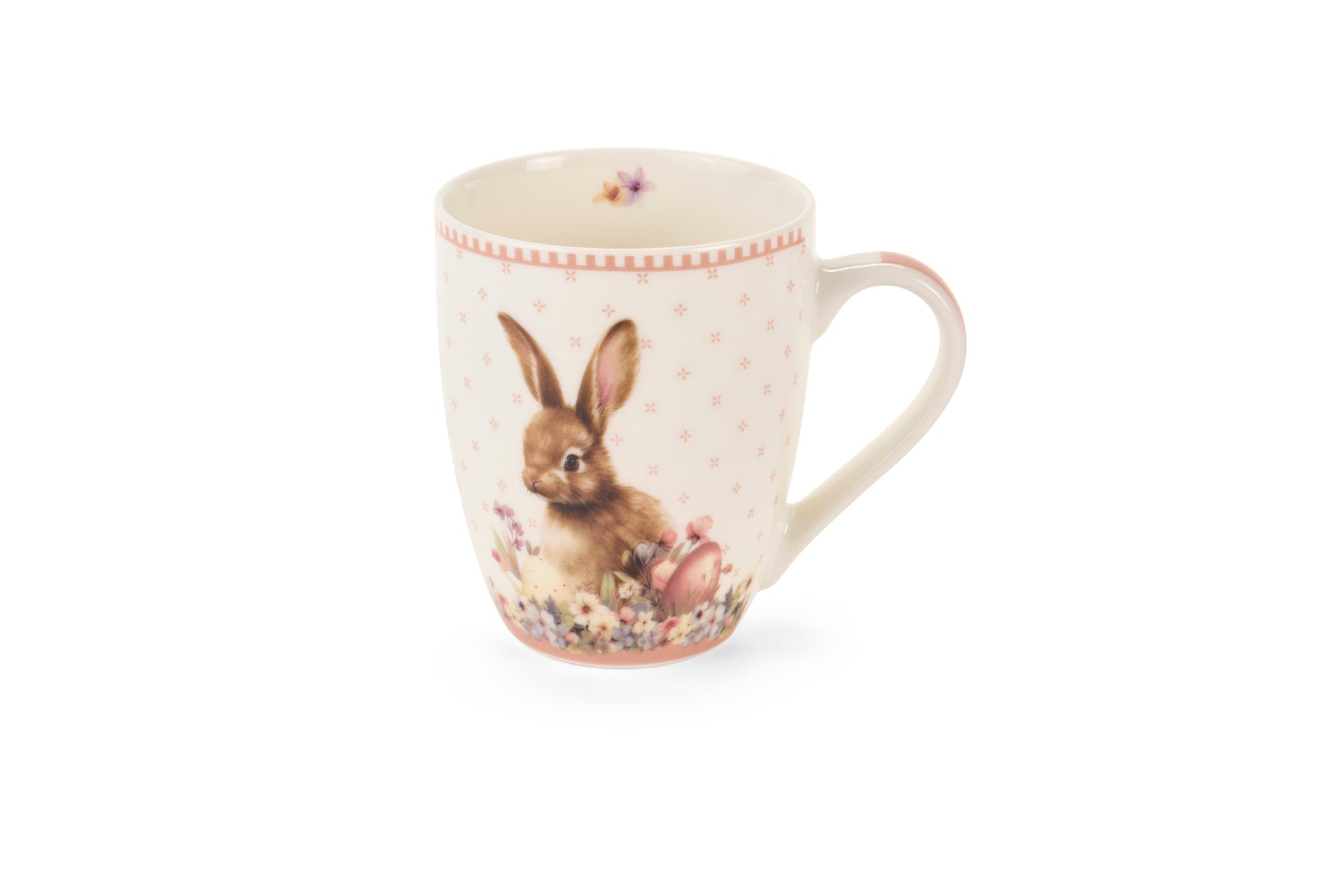 Dolce set Nuvole di Stoffa linea PePen tazza mug alta e box decorata. Decorazione pasquale con ghirlanda di coniglietti, uova colorate e fiori di campo. Confezione regalo inclusa, stile shabby chic.