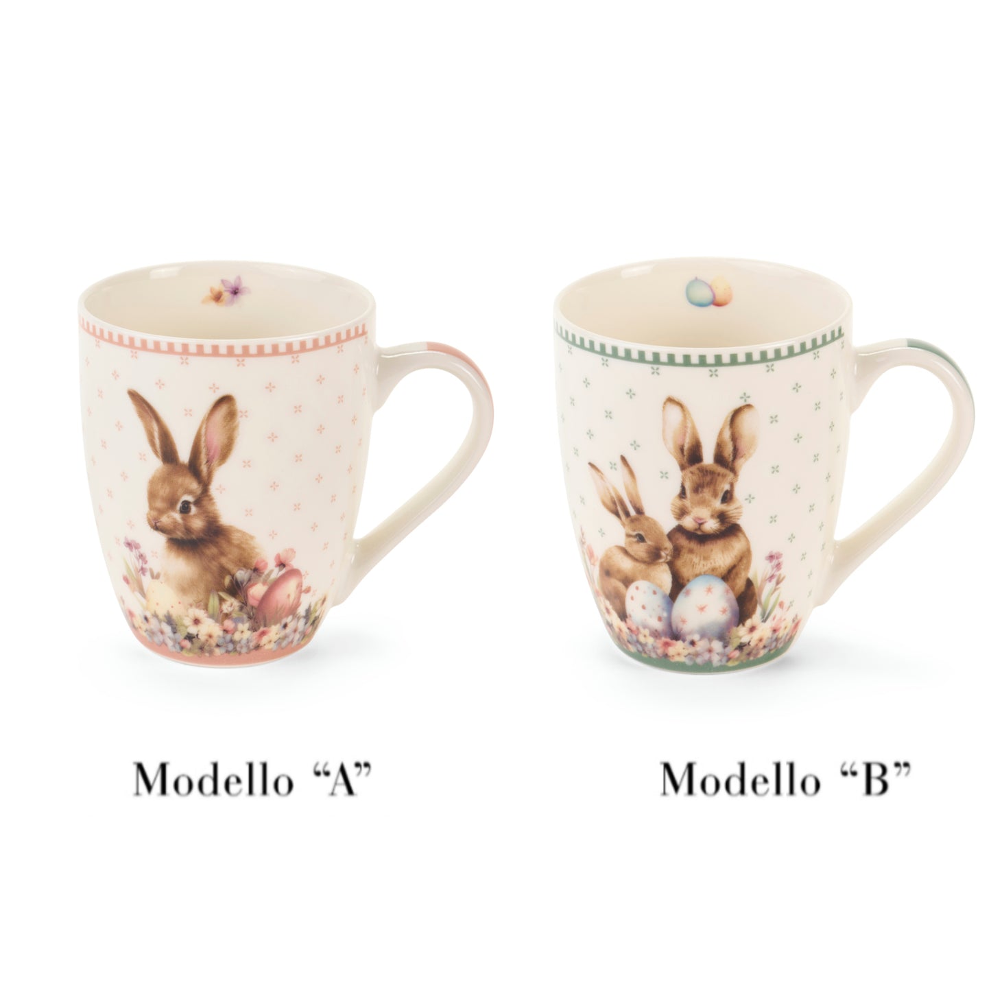 Dolce set Nuvole di Stoffa linea PePen tazza mug alta e box decorata. Decorazione pasquale con ghirlanda di coniglietti, uova colorate e fiori di campo. Confezione regalo inclusa, stile shabby chic.