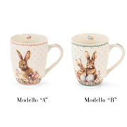 Dolce set Nuvole di Stoffa linea PePen tazza mug alta e box decorata. Decorazione pasquale con ghirlanda di coniglietti, uova colorate e fiori di campo. Confezione regalo inclusa, stile shabby chic.