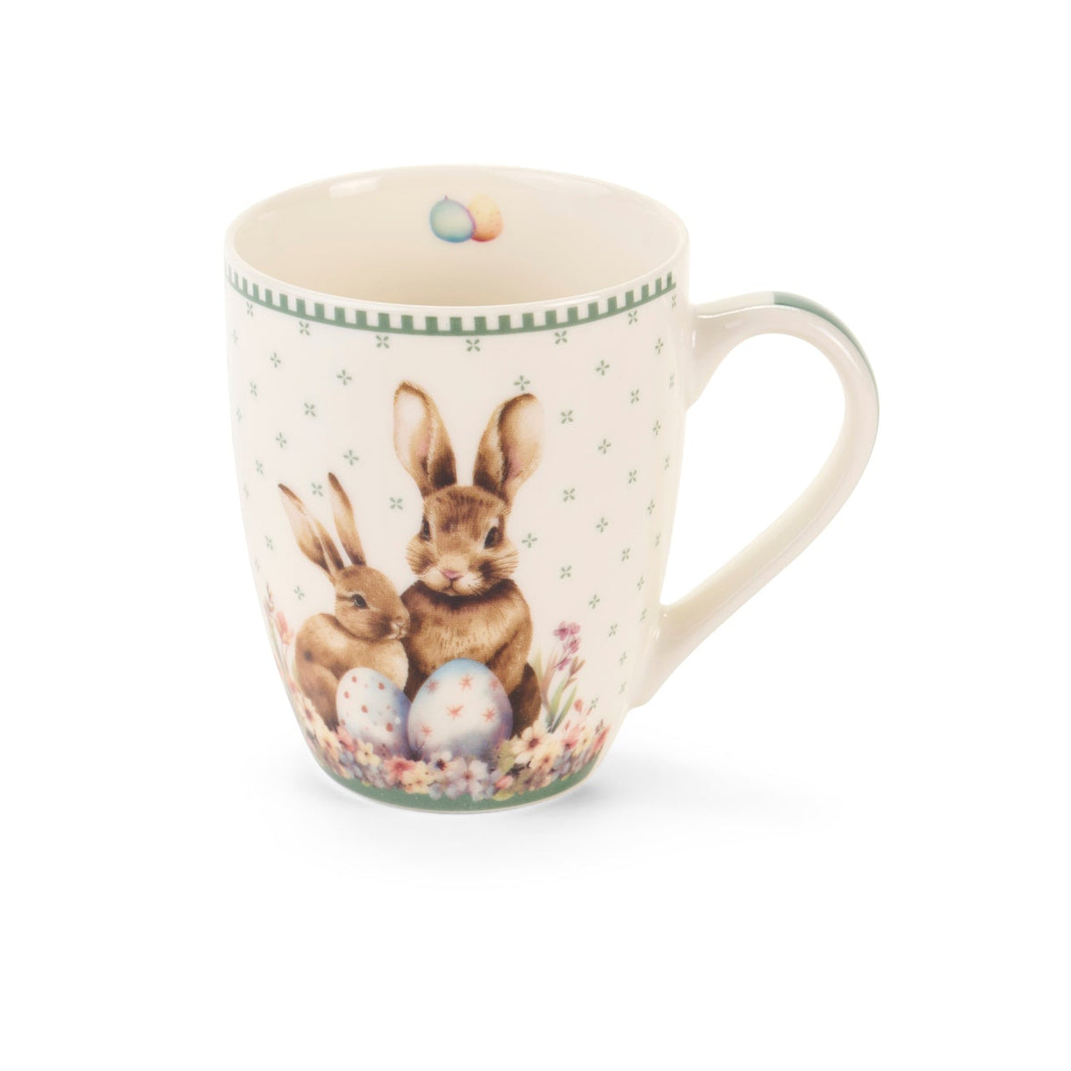 Dolce set Nuvole di Stoffa linea PePen tazza mug alta e box decorata. Decorazione pasquale con ghirlanda di coniglietti, uova colorate e fiori di campo. Confezione regalo inclusa, stile shabby chic.