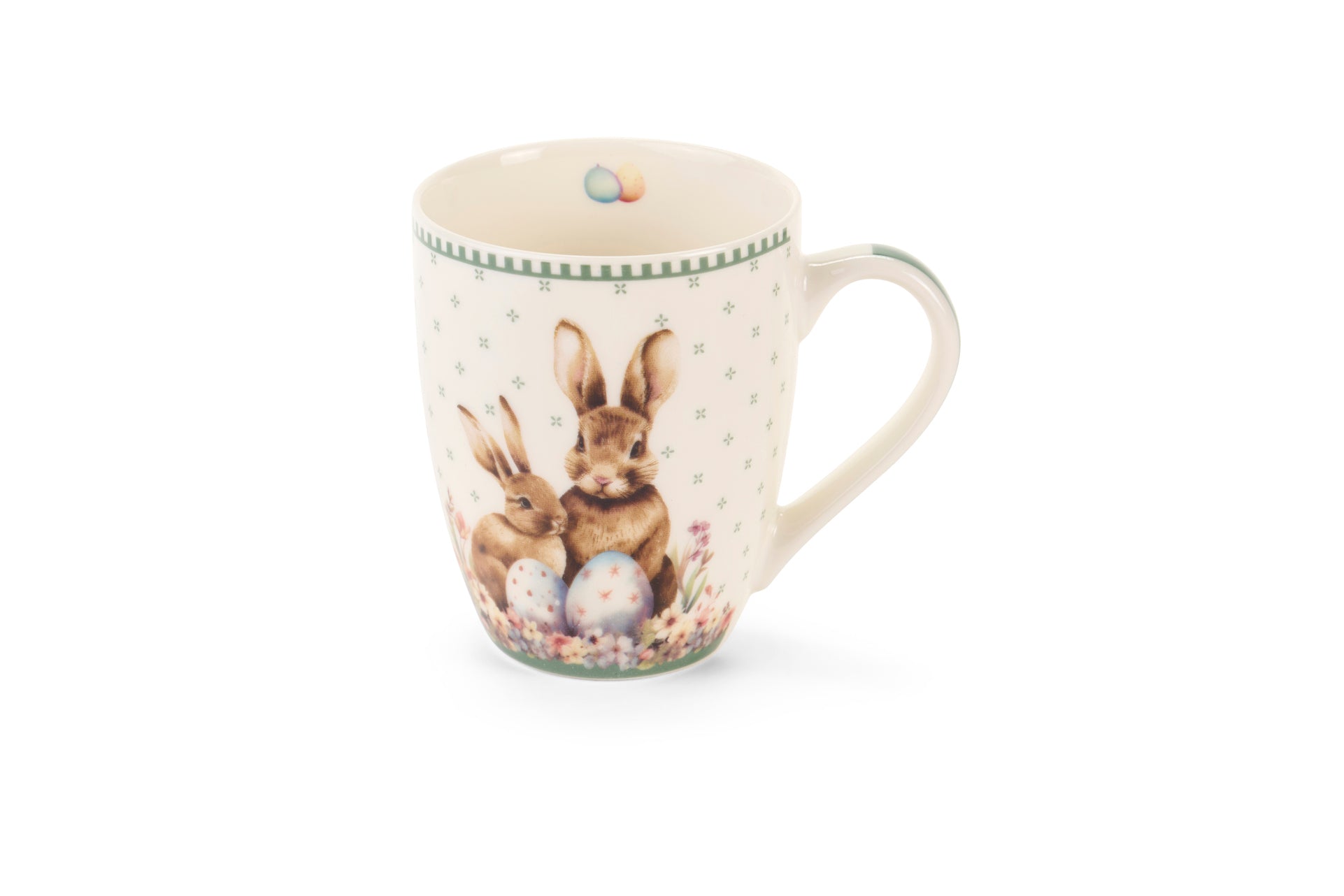 Dolce set Nuvole di Stoffa linea PePen tazza mug alta e box decorata. Decorazione pasquale con ghirlanda di coniglietti, uova colorate e fiori di campo. Confezione regalo inclusa, stile shabby chic.