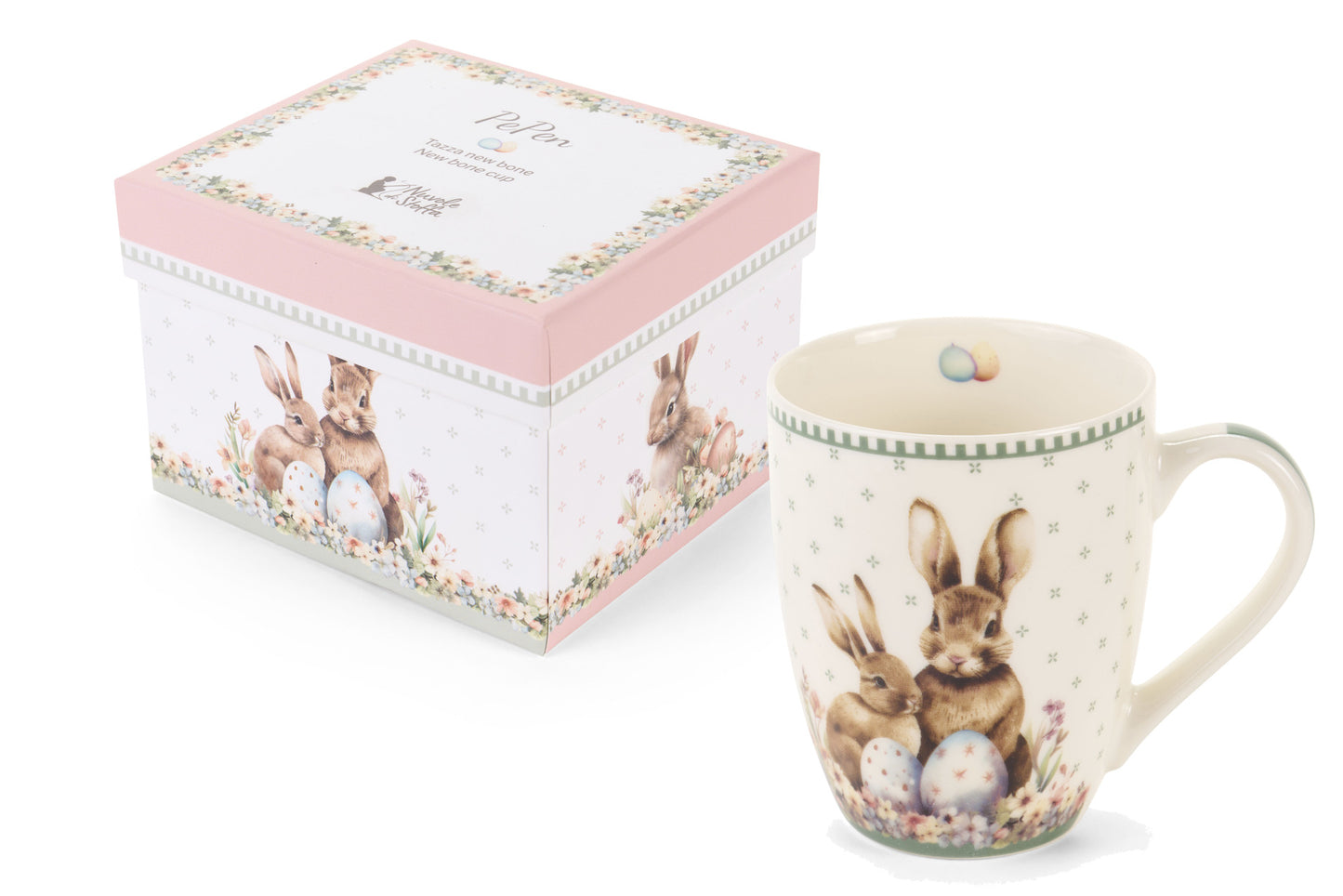 Dolce set Nuvole di Stoffa linea PePen tazza mug alta e box decorata. Decorazione pasquale con ghirlanda di coniglietti, uova colorate e fiori di campo. Confezione regalo inclusa, stile shabby chic.