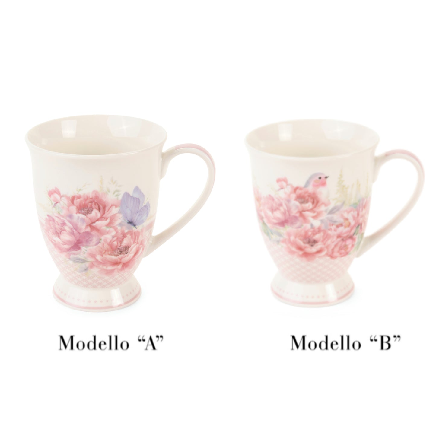 Tazza in porcellana New bone Nuvole di Stoffa con stampa primaverile di grandi fiori rosa e peonie. Bordo rifinito con motivi ornamentali classici e cornice rosa cipria. Per tavole romantiche e shabby chic.