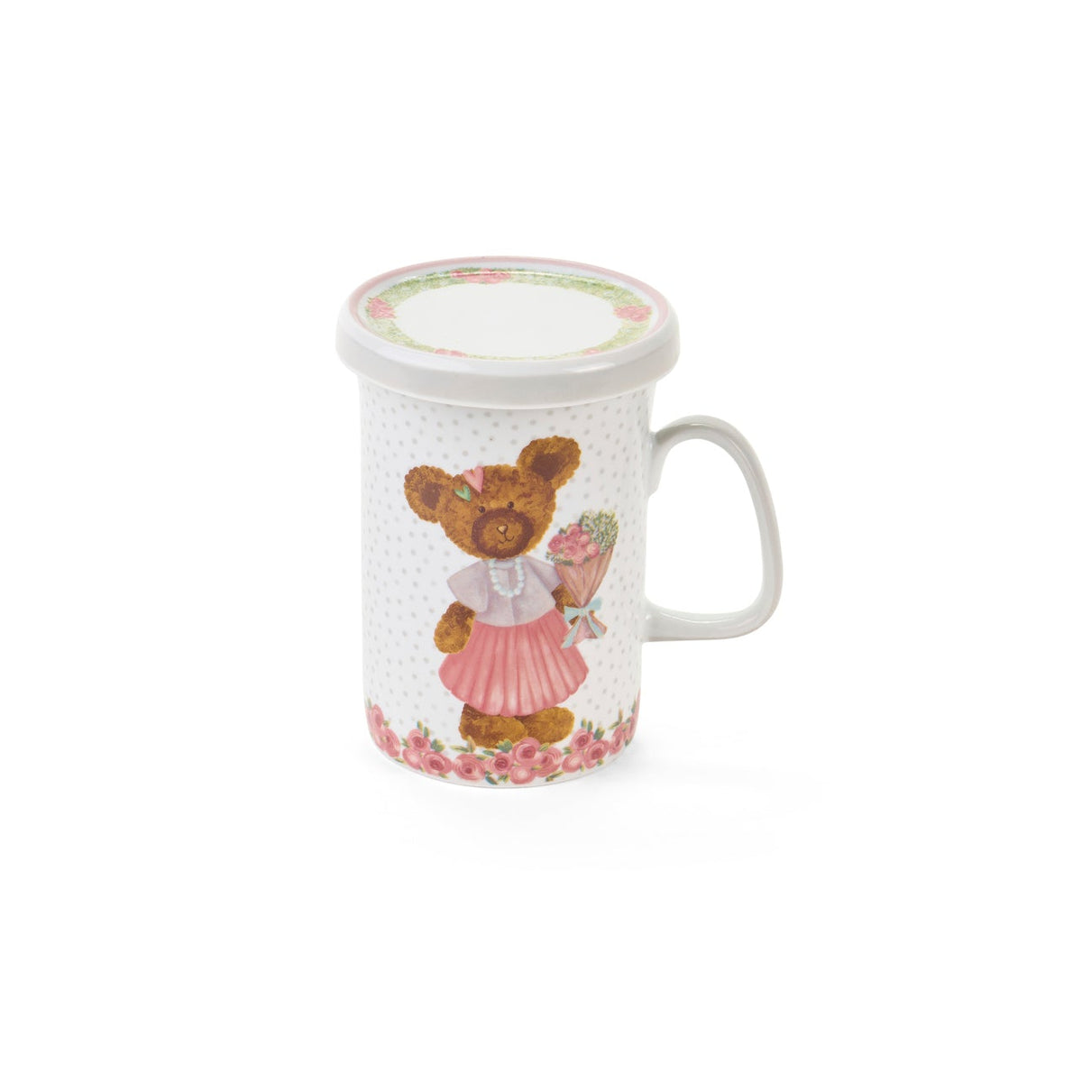 Tazze Nuvole di Stoffa linea Sweet Bear per Pasqua 2026. Orsetta con Vestitino e bouquet su sfondo a pois. Decorazione tenera per cameretta o tavola.