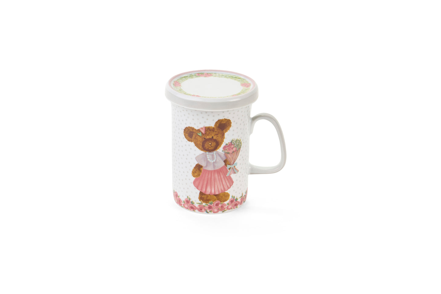 Tazze Nuvole di Stoffa linea Sweet Bear per Pasqua 2026. Orsetta con Vestitino e bouquet su sfondo a pois. Decorazione tenera per cameretta o tavola.