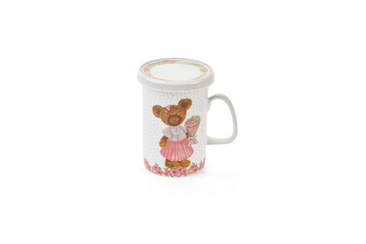 Tazze Nuvole di Stoffa linea Sweet Bear per Pasqua 2026. Orsetta con Vestitino e bouquet su sfondo a pois. Decorazione tenera per cameretta o tavola.