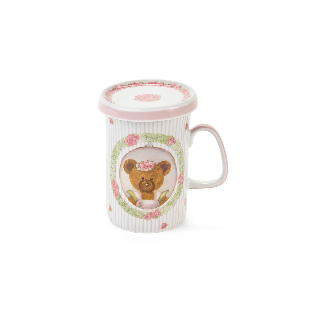 Tazze Nuvole di Stoffa linea Sweet Bear per Pasqua 2026. Medaglione centrale con orsetta e ghirlanda di rose su fondo a pois e bordi a righe sottili. Decorazione tenera per cameretta o tavola.