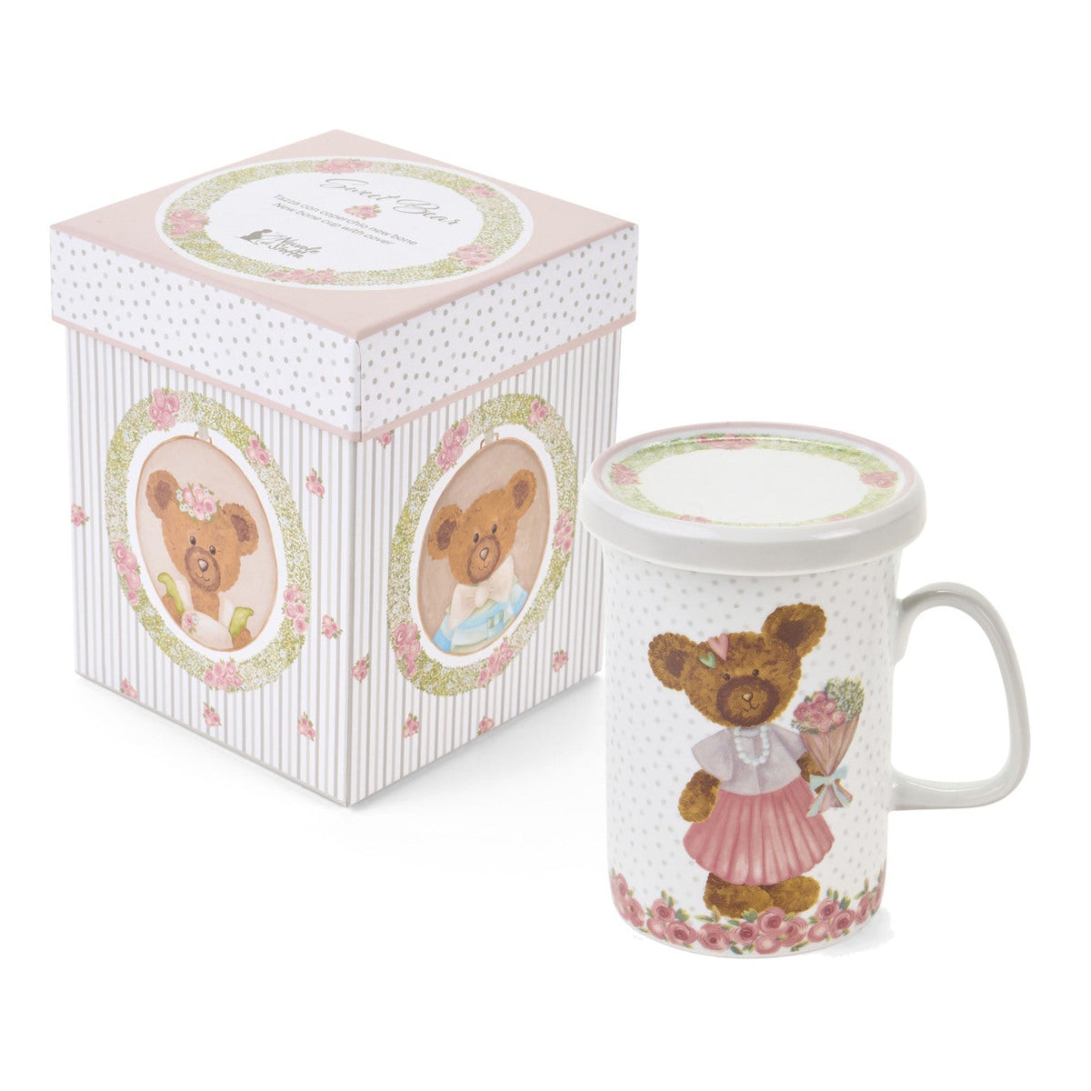 Tazze Nuvole di Stoffa linea Sweet Bear per Pasqua 2026. Orsetta con Vestitino e bouquet su sfondo a pois. Decorazione tenera per cameretta o tavola.