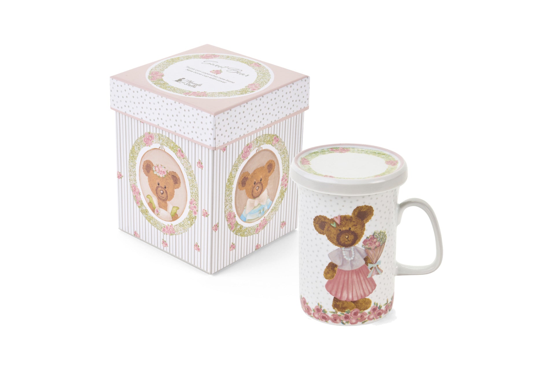 Tazze Nuvole di Stoffa linea Sweet Bear per Pasqua 2026. Orsetta con Vestitino e bouquet su sfondo a pois. Decorazione tenera per cameretta o tavola.