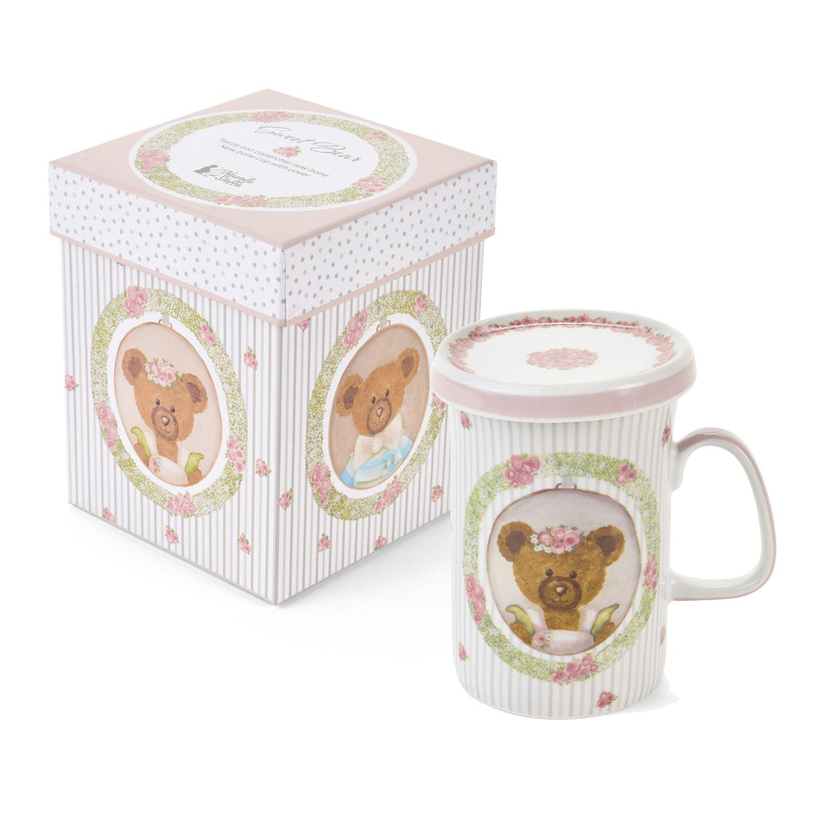 Tazze Nuvole di Stoffa linea Sweet Bear per Pasqua 2026. Medaglione centrale con orsetta e ghirlanda di rose su fondo a pois e bordi a righe sottili. Decorazione tenera per cameretta o tavola.