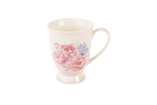 Tazza in porcellana New bone Nuvole di Stoffa con stampa primaverile di grandi fiori rosa e peonie. Bordo rifinito con motivi ornamentali classici e cornice rosa cipria. Per tavole romantiche e shabby chic.