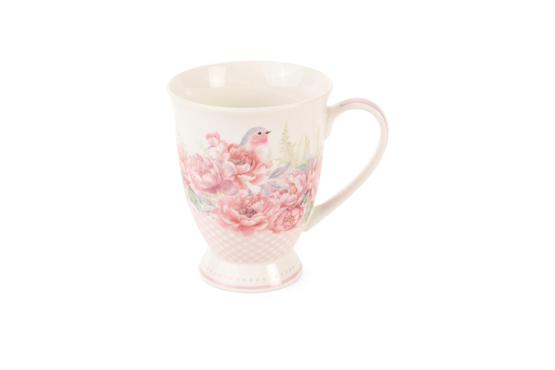 Tazza in porcellana New bone Nuvole di Stoffa con stampa primaverile di grandi fiori rosa e peonie. Bordo rifinito con motivi ornamentali classici e cornice rosa cipria. Per tavole romantiche e shabby chic.