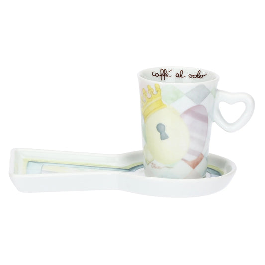 Tazzina da espresso e vassoietto coordinato in porcellana Thun della linea "Incanto di Pasqua". Il set presenta decori floreali primaverili, icone botaniche e il logo Thun in tonalità pastello su fondo bianco candido.