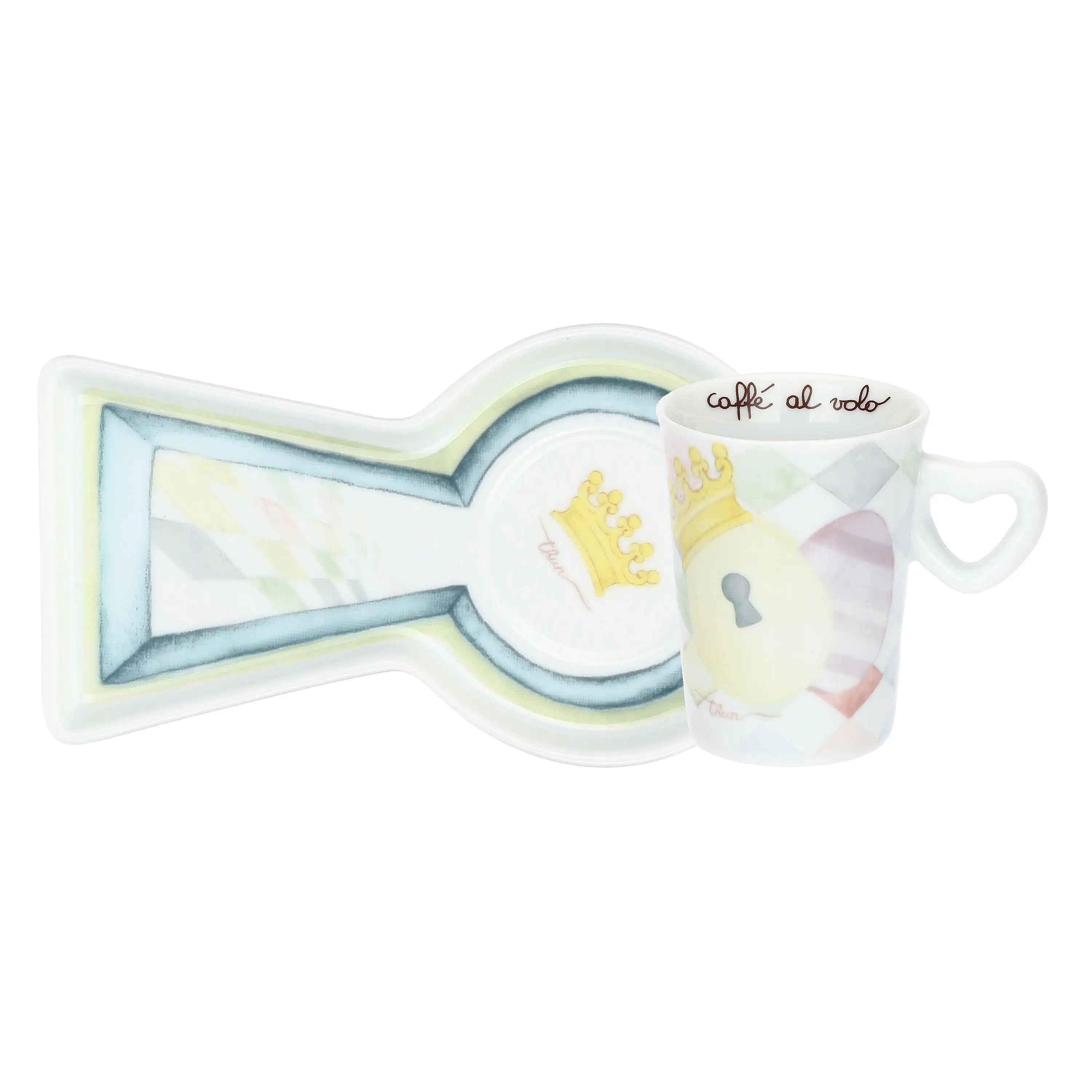 Tazzina da espresso e vassoietto coordinato in porcellana Thun della linea "Incanto di Pasqua". Il set presenta decori floreali primaverili, icone botaniche e il logo Thun in tonalità pastello su fondo bianco candido.