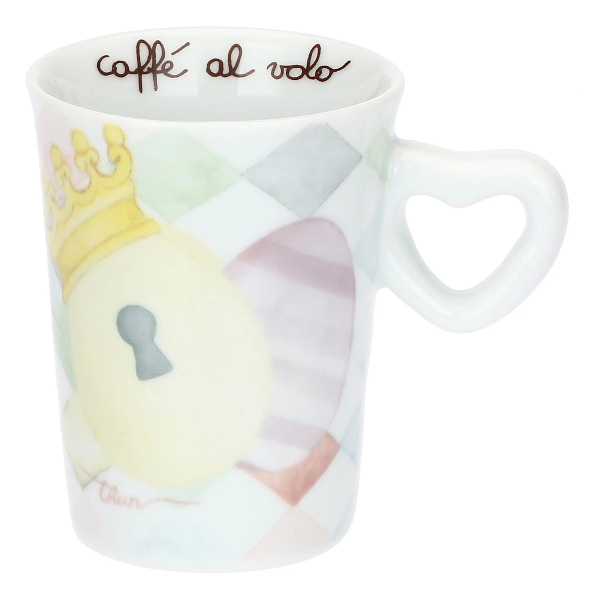 Particolare della tazzina da caffè Thun che mostra il manico ergonomico e la continuità dei decori floreali sul retro, con finitura lucida di alta qualità.