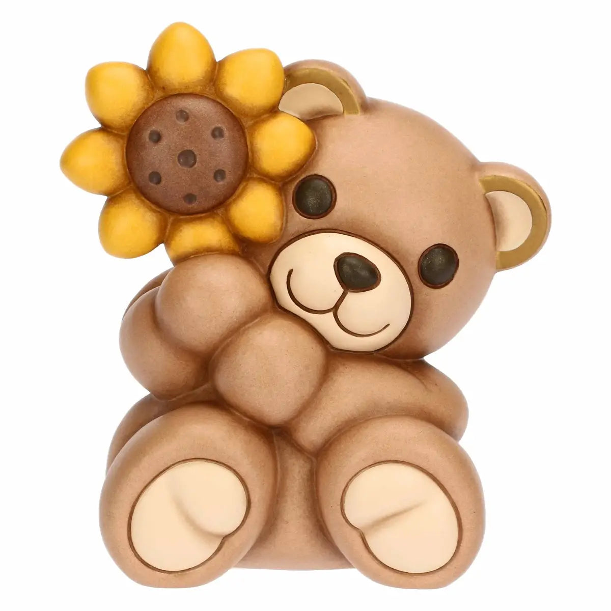 Teddy THUN grande in ceramica seduto con un girasole giallo. Musetto crema, corpo marrone sfumato e fiore con centro bruno a rilievo.