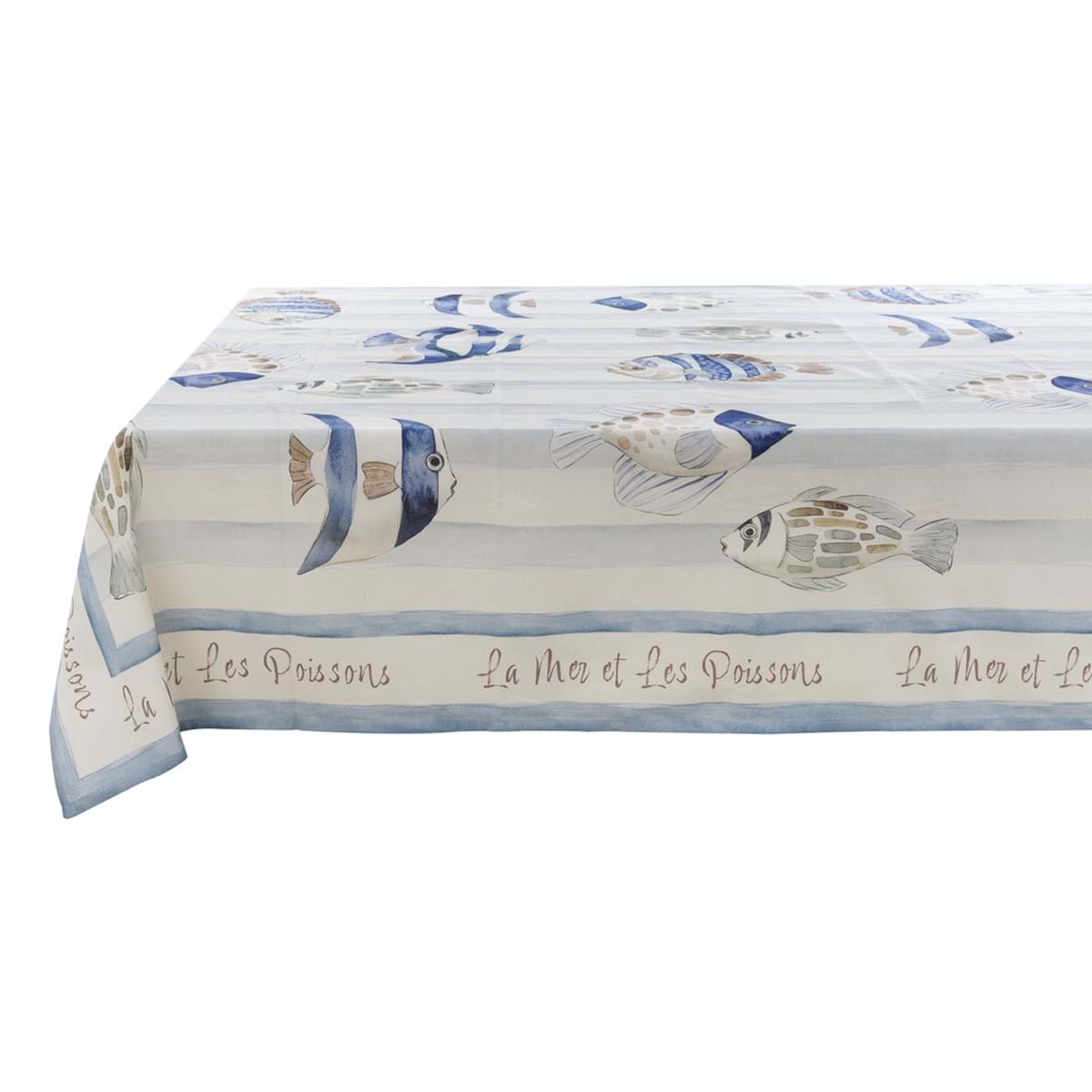Tovaglia Blanc Mariclo' linea "La Mer et Les Poissons" in stile marinière. Stampa con pesci tropicali illustrati in azzurro e beige su fondo a righe orizzontali celesti. Bordo decorativo con scritte calligrafiche.