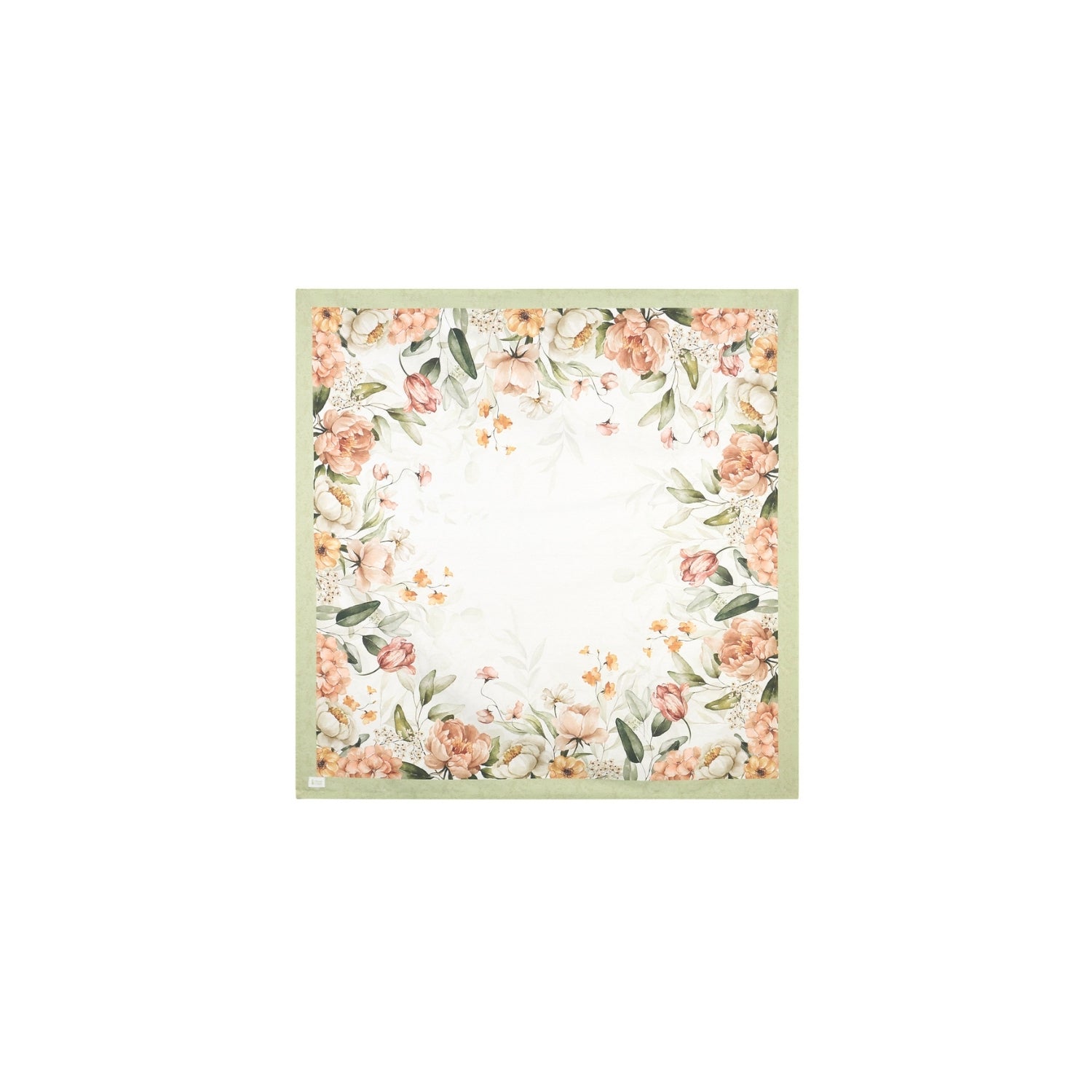 Tovaglia centrotavola quadrata Nuvole di Stoffa collezione Flower Garden. Design con cornice floreale di peonie, tulipani e foglie botaniche su fondo bianco, rifinita con un bordo perimetrale verde salvia.