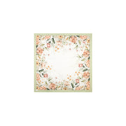 Tovaglia centrotavola quadrata Nuvole di Stoffa collezione Flower Garden. Design con cornice floreale di peonie, tulipani e foglie botaniche su fondo bianco, rifinita con un bordo perimetrale verde salvia.