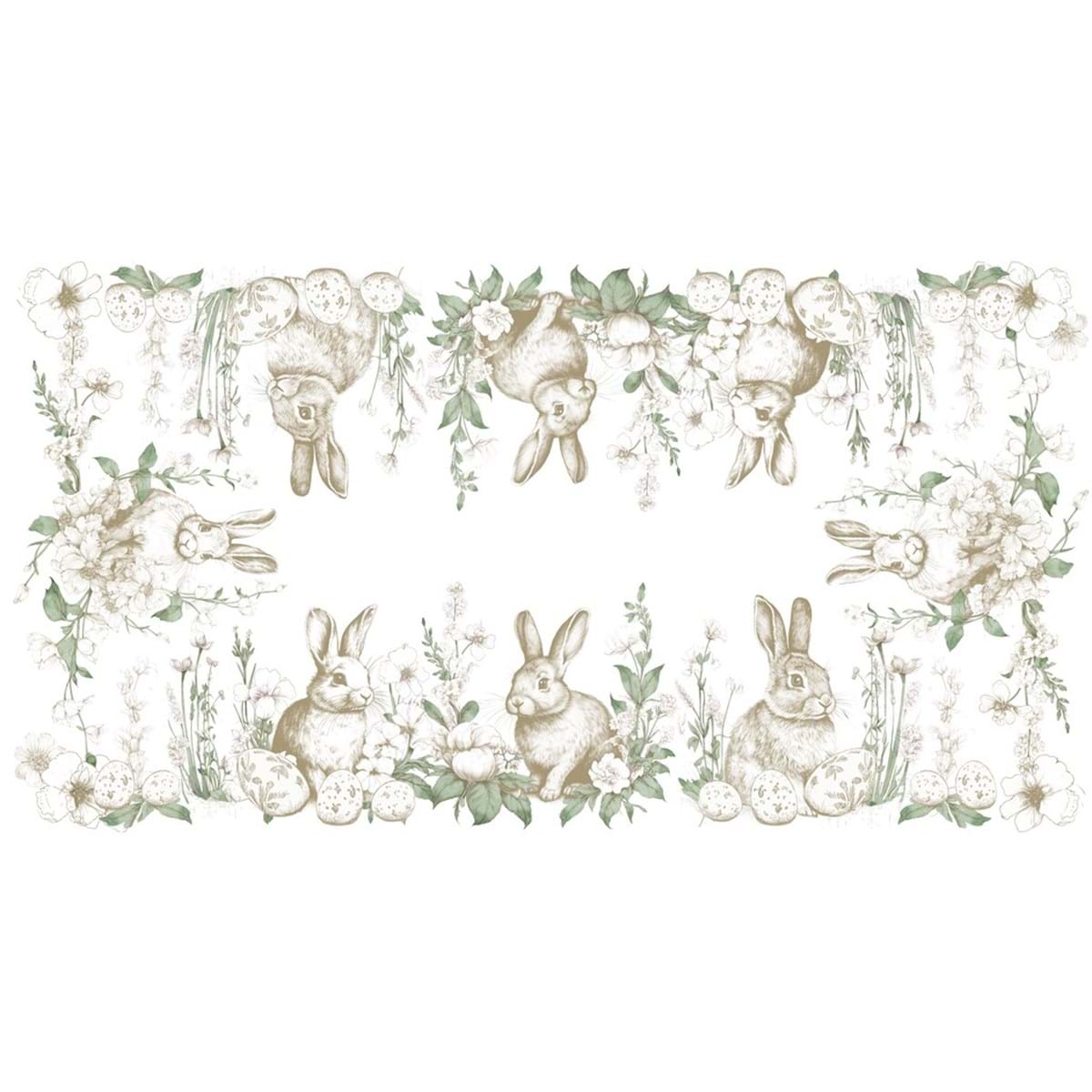 Tovaglia con gala "Le Jardin Des Lapins" Blanc Mariclo' in stile shabby chic. Stampa delicata con coniglietti in tonalità seppia, uova decorate e fiori primaverili verdi su fondo bianco puro.