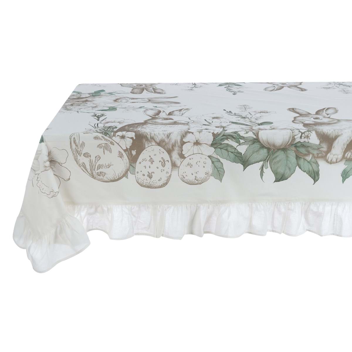 Tovaglia con gala "Le Jardin Des Lapins" Blanc Mariclo' in stile shabby chic. Stampa delicata con coniglietti in tonalità seppia, uova decorate e fiori primaverili verdi su fondo bianco puro.