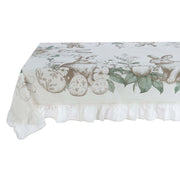 Tovaglia con gala "Le Jardin Des Lapins" Blanc Mariclo' in stile shabby chic. Stampa delicata con coniglietti in tonalità seppia, uova decorate e fiori primaverili verdi su fondo bianco puro.