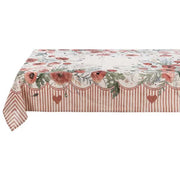 Tovaglia Blanc Mariclo' linea Coquelicot con stampa di papaveri rossi e boccioli. Cornice decorativa a righe verticali rosse con piccoli cuori. Design floreale elegante in stile country chic.