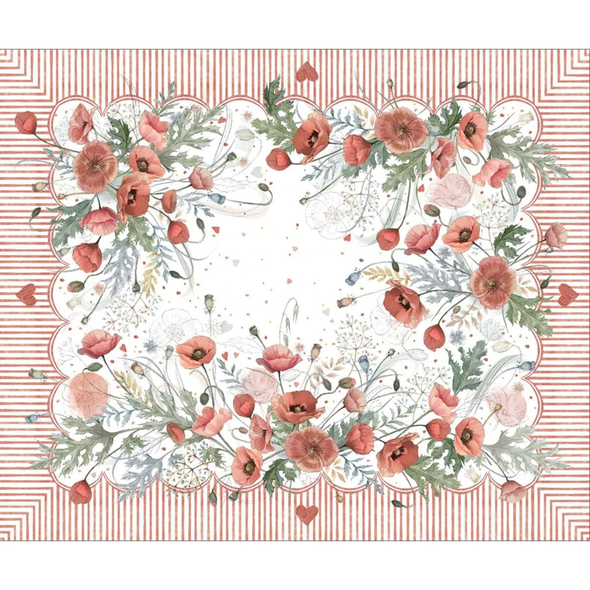 Stampa completa Blanc Mariclo' linea Coquelicot con stampa di papaveri rossi e boccioli. Cornice decorativa a righe verticali rosse con piccoli cuori. Design floreale elegante in stile country chic.