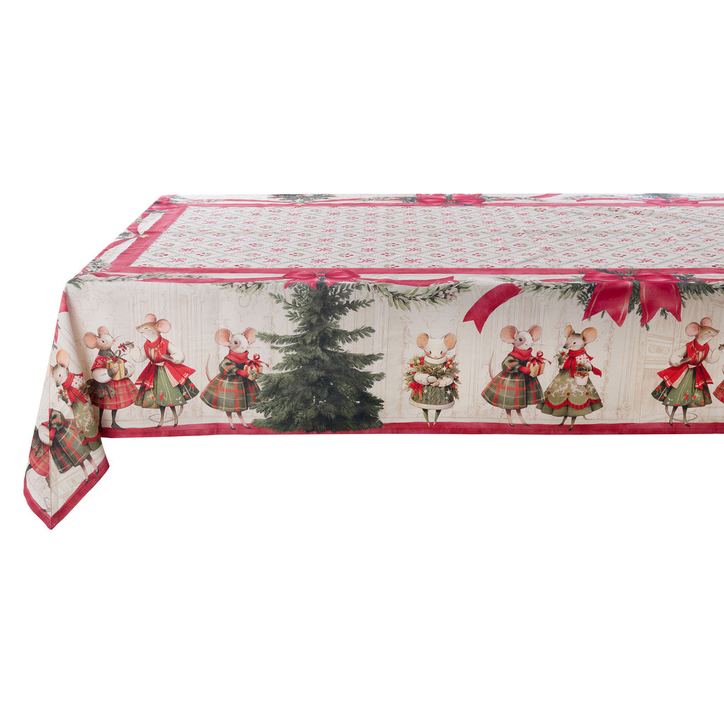 Foto della tovaglia Blanc Mariclò 150x220 cm distesa. Il piano mostra il pattern geometrico centrale, mentre il bordo a caduta mette in risalto le illustrazioni dei topini e degli alberi di Natale.