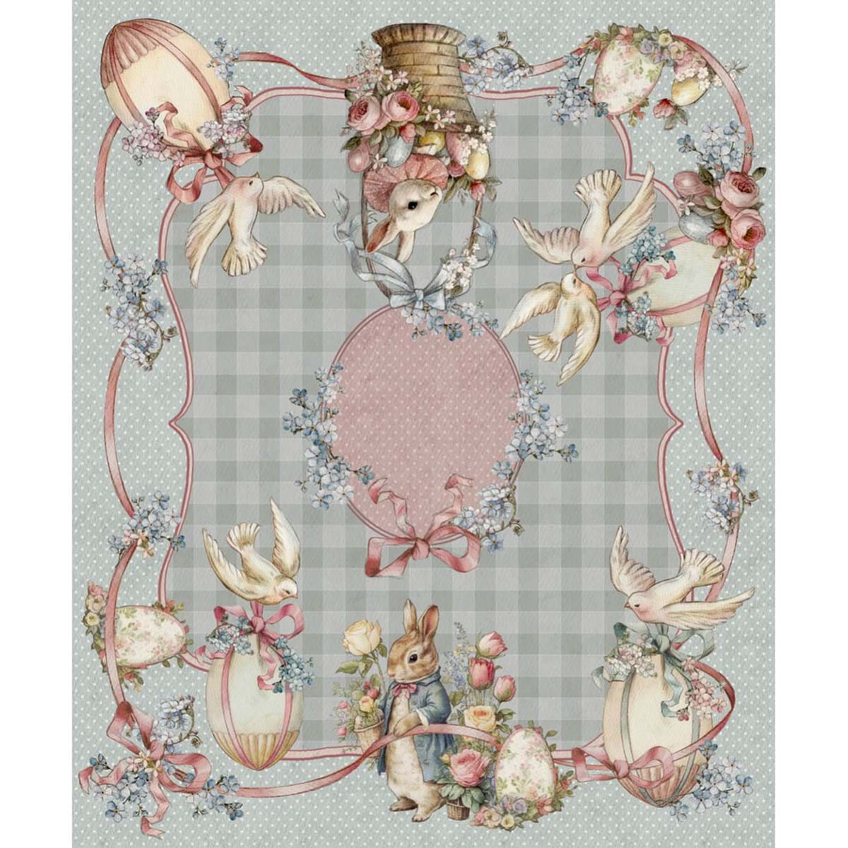Tovaglia "Joyeuses Paques" Blanc Mariclo' in stile shabby chic. Decoro pasquale con colombe in volo, uova fiorite e coniglietti su fondo a quadretti grigio e azzurro con bordi rosa e pois.