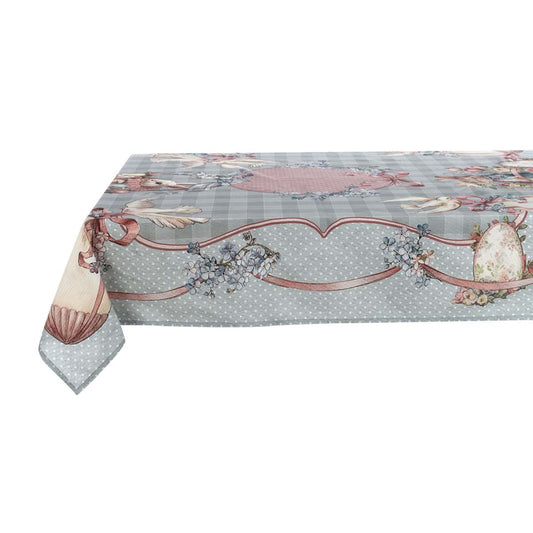 Tovaglia "Joyeuses Paques" Blanc Mariclo' in stile shabby chic. Decoro pasquale con colombe in volo, uova fiorite e coniglietti su fondo a quadretti grigio e azzurro con bordi rosa e pois.