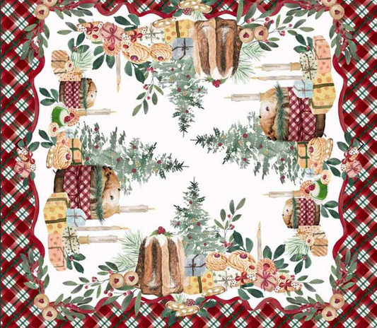 Vista dall'alto della tovaglia natalizia quadrata Blanc Mariclo. Il design presenta una composizione simmetrica di pandori, panettoni e alberi di Natale, racchiusi da un bordo scozzese rosso e verde.