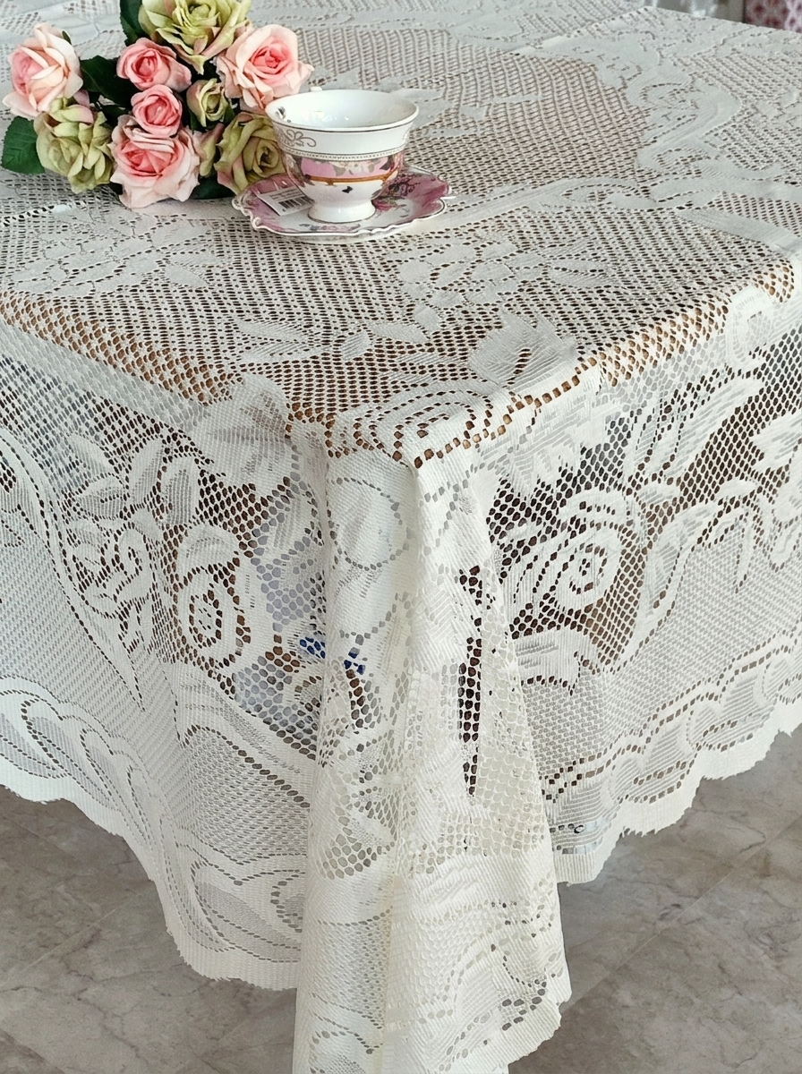 Tovaglia linea Dentelle Blanc Mariclo' in pizzo bianco trasparente. Decorata con ricami floreali delicati e bordo smerlato. Ideale per una tavola elegante in stile shabby chic e provenzale.