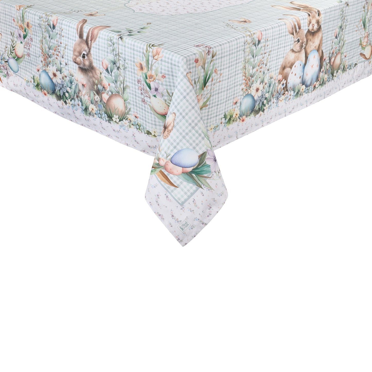 Tovaglia pasquale Nuvole di Stoffa in cotone celeste a quadretti vichy. Decorazione con illustrazioni di coniglietti, uova colorate e fiori delicati. Elegante tessile tavola per Pasqua 2026.