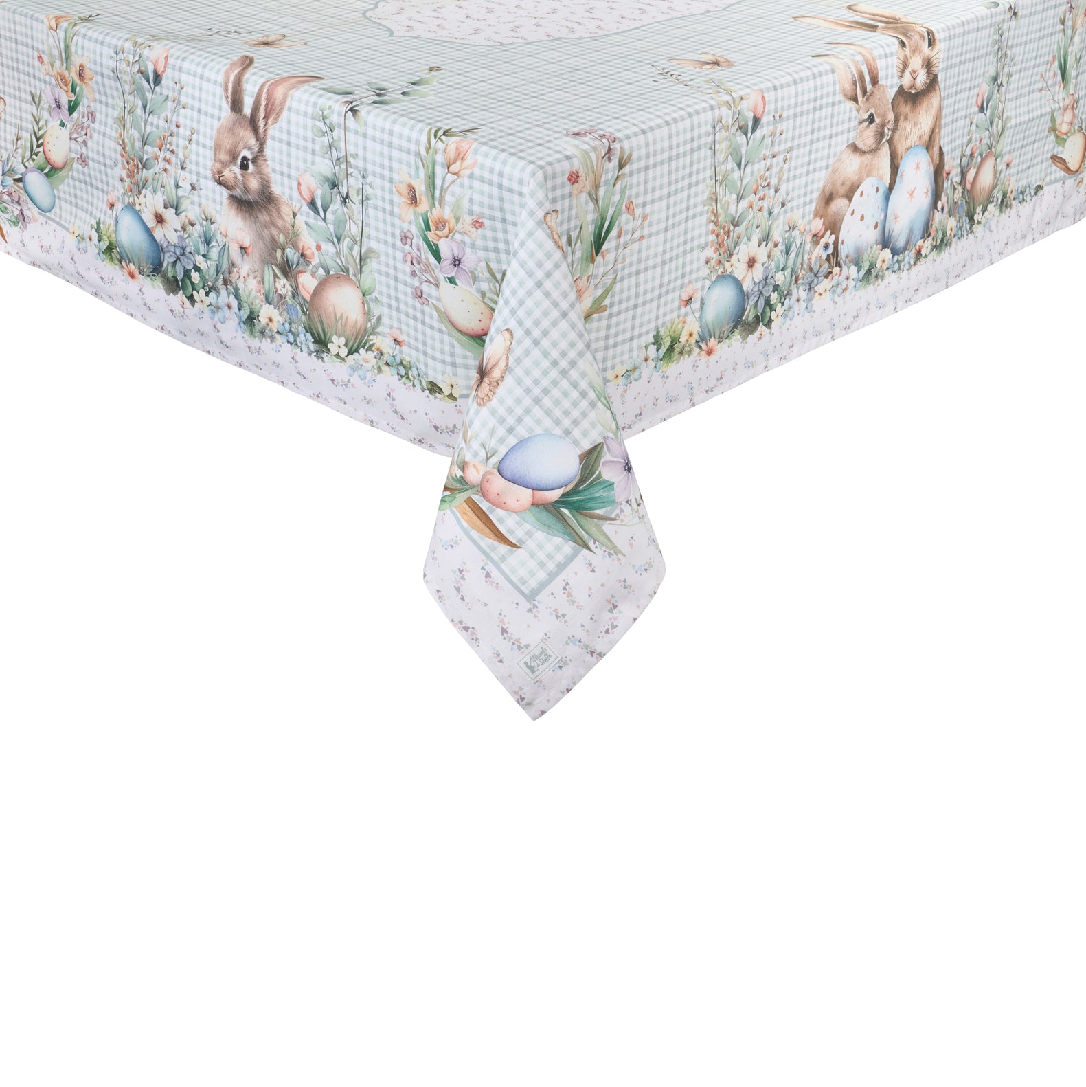 Tovaglia pasquale Nuvole di Stoffa in cotone celeste a quadretti vichy. Decorazione con illustrazioni di coniglietti, uova colorate e fiori delicati. Elegante tessile tavola per Pasqua 2026.