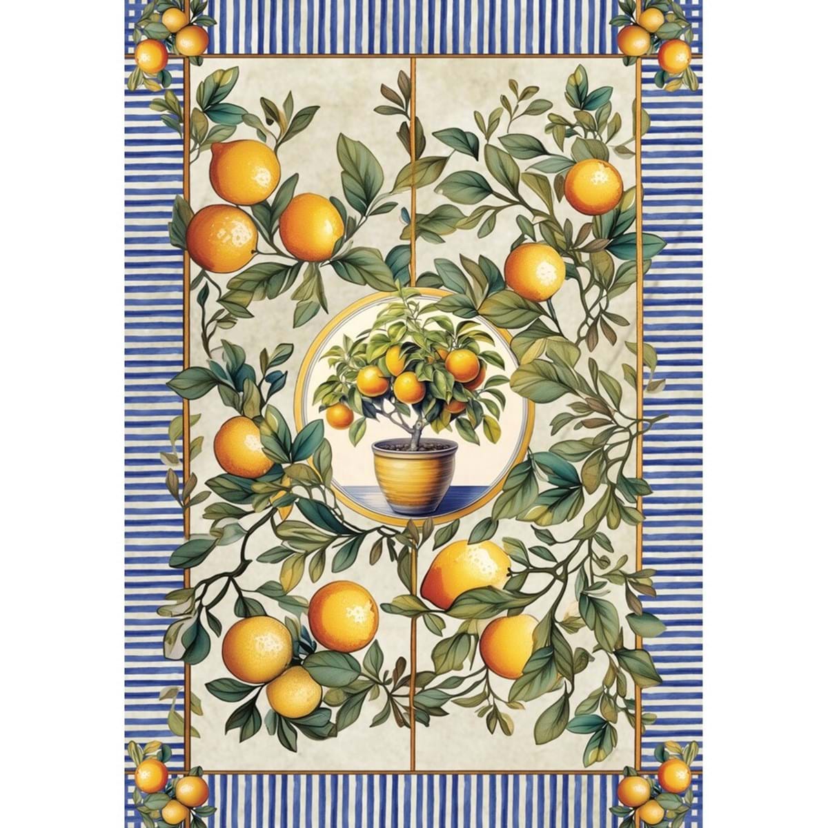 Vista dall'alto di tutta la stampa della tovaglia Blanc Mariclo' linea Ortigia con stampa a righe blu. Decoro mediterraneo con rami di limoni e motivi ornamentali. Tessuto d'arredo elegante per tavola estiva.