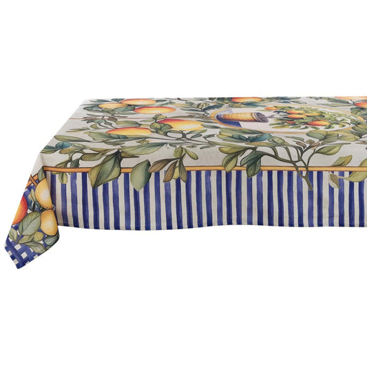 Tovaglia Blanc Mariclo' linea Ortigia con stampa a righe blu. Decoro mediterraneo con rami di limoni e motivi ornamentali. Tessuto d'arredo elegante per tavola estiva.