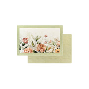 Tovaglietta americana Nuvole di Stoffa collezione Flower Garden con stampa botanica di peonie e tulipani in toni pesca e arancio. Bordo verde salvia e retro coordinato con motivo damascato tono su tono.