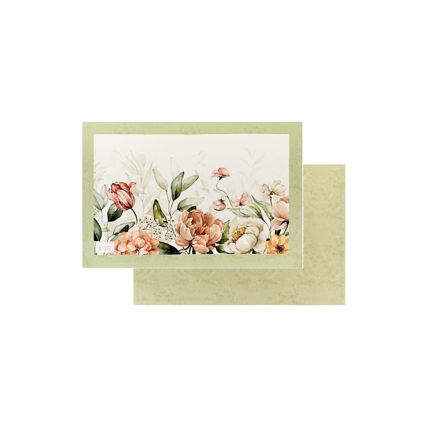 Tovaglietta americana Nuvole di Stoffa collezione Flower Garden con stampa botanica di peonie e tulipani in toni pesca e arancio. Bordo verde salvia e retro coordinato con motivo damascato tono su tono.