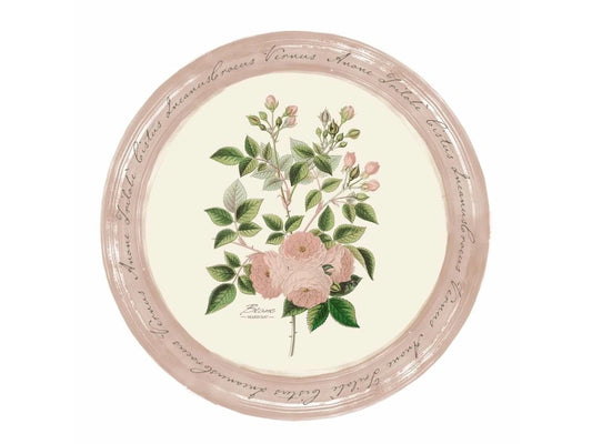 Tovaglietta tonda in vinile Blanc Mariclò collezione "Le Botanique". Al centro presenta un'illustrazione botanica di rose rosa e boccioli su fondo crema, circondata da una cornice rosa antico con scritte in corsivo calligrafico.