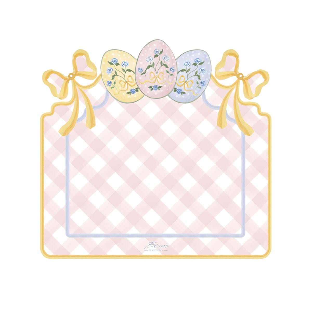 Tovaglietta americana in vinile della collezione "Pretty Easter" firmata Blanc Mariclo' con un motivo a scacchi bianchi e rosa perfetto per la colazione o il pranzo pasquale. La tovaglietta sagomata è decorata sul bordo superiore con fiocchi gialli e tre uova di Pasqua colorate nei toni pastello con dettagli floreali azzurri.