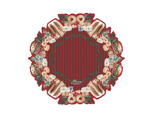 Tovaglietta rotonda in vinile Blanc Mariclo con bordo sagomato. Il design presenta un centro a righe rosse e verdi circondato da una ghirlanda illustrata con pandori, biscotti, regali e rami di pino.