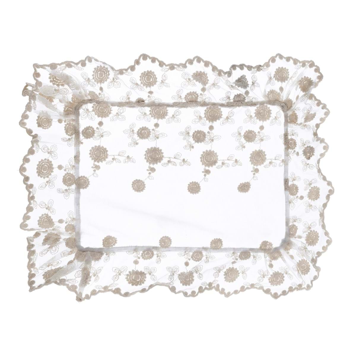 Tovaglietta linea Dentelle Blanc Mariclo' in pizzo bianco trasparente. Decorata con ricami floreali delicati a rilievo e bordo smerlato. Ideale per una tavola elegante in stile shabby chic e provenzale.