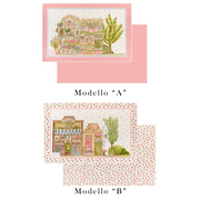 Tovagliette Nuvole di Stoffa linea "La Vie en Rose" con illustrazioni di negozi parigini e pasticcerie vintage. Decorazione con ghirlande di rose, cuori azzurri con fiocchi rosa e farfalle su fondo bianco