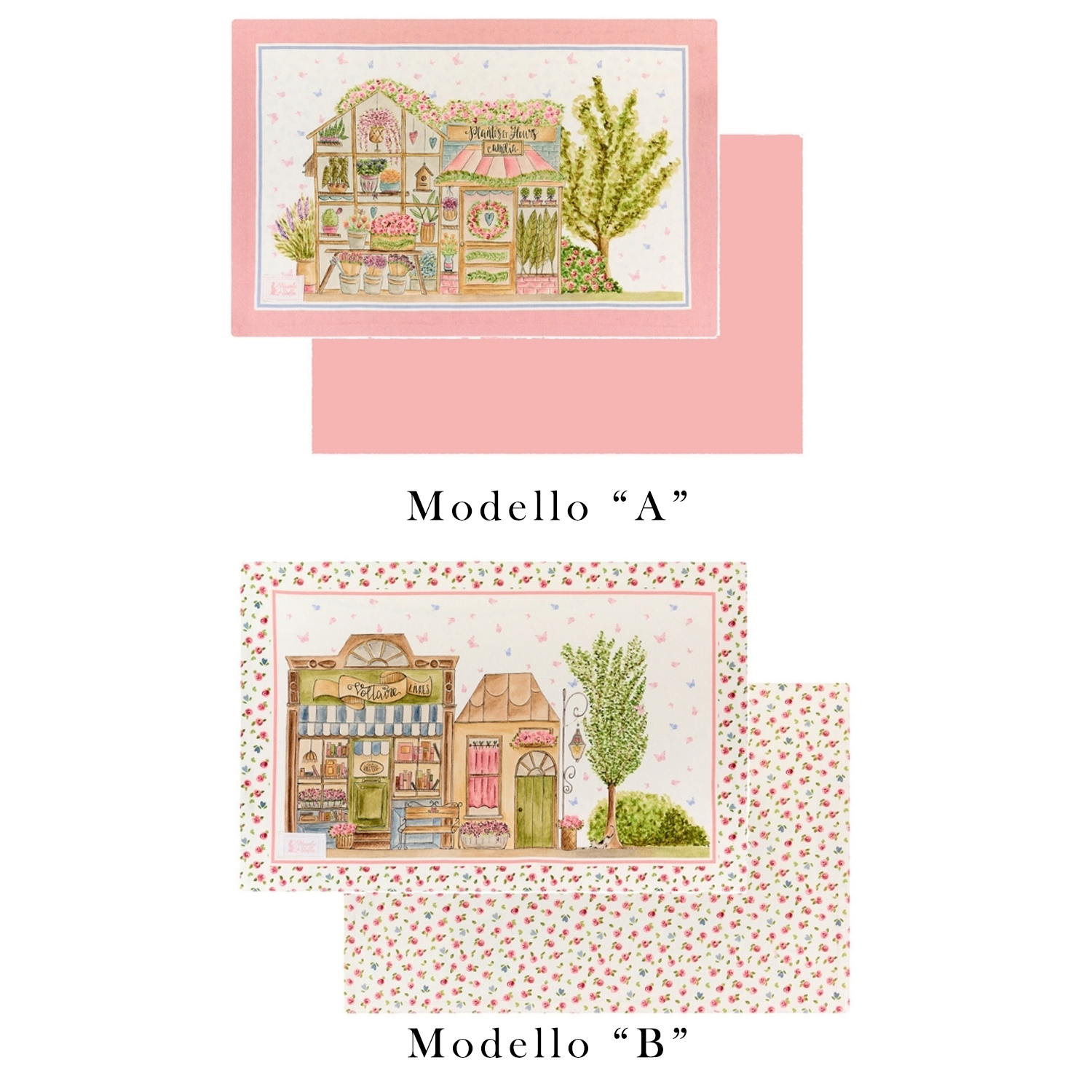 Tovagliette Nuvole di Stoffa linea "La Vie en Rose" con illustrazioni di negozi parigini e pasticcerie vintage. Decorazione con ghirlande di rose, cuori azzurri con fiocchi rosa e farfalle su fondo bianco