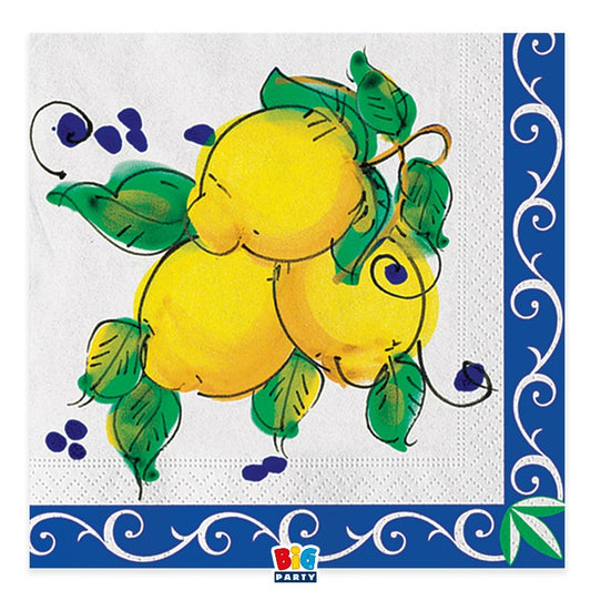 Un tovagliolo di carta usa e getta della linea "Sorrento" di Big Party. Il design è ispirato alle maioliche mediterranee, con una banda blu decorata da volute bianche sui bordi superiore e inferiore. Al centro, su sfondo bianco, spicca un'illustrazione artistica di tre limoni gialli con foglie verdi, arricchita da piccoli schizzi di colore blu.