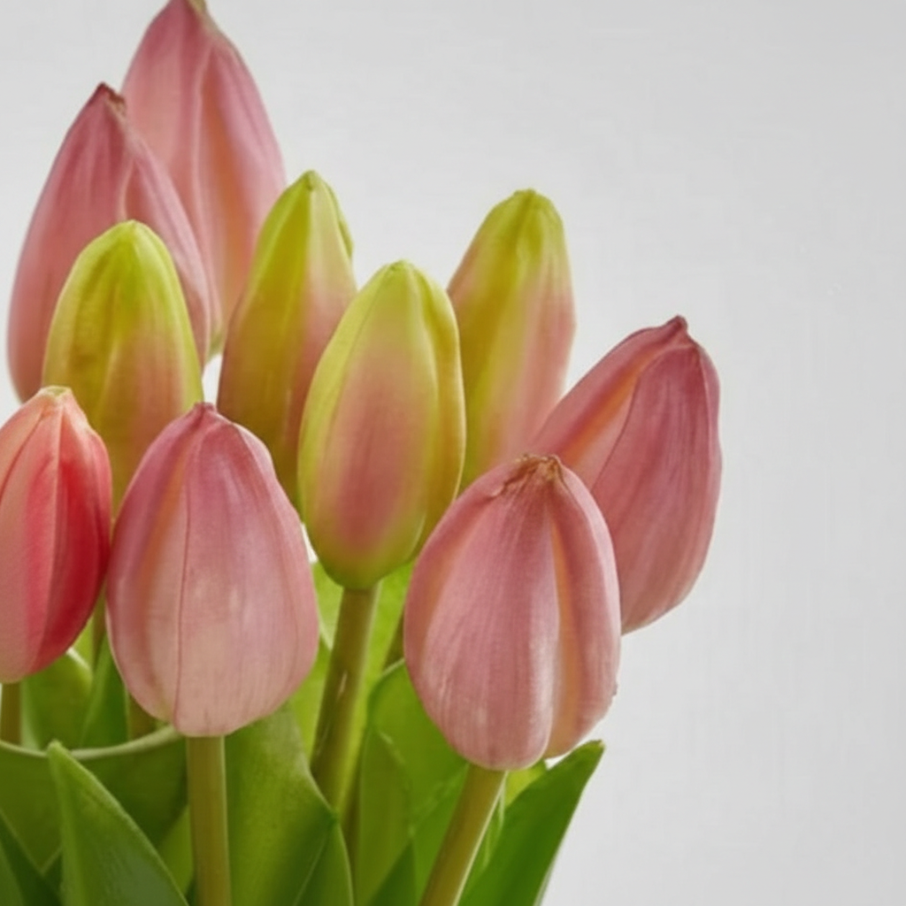 Primo piano di tulipani rosa cipria in silicone con boccioli chiusi e foglie verdi vivaci.