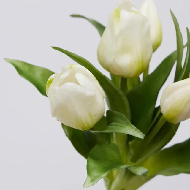 Primo piano di tulipani bianchi in silicone con foglie verdi realistiche, che mostrano la consistenza materica dei petali.