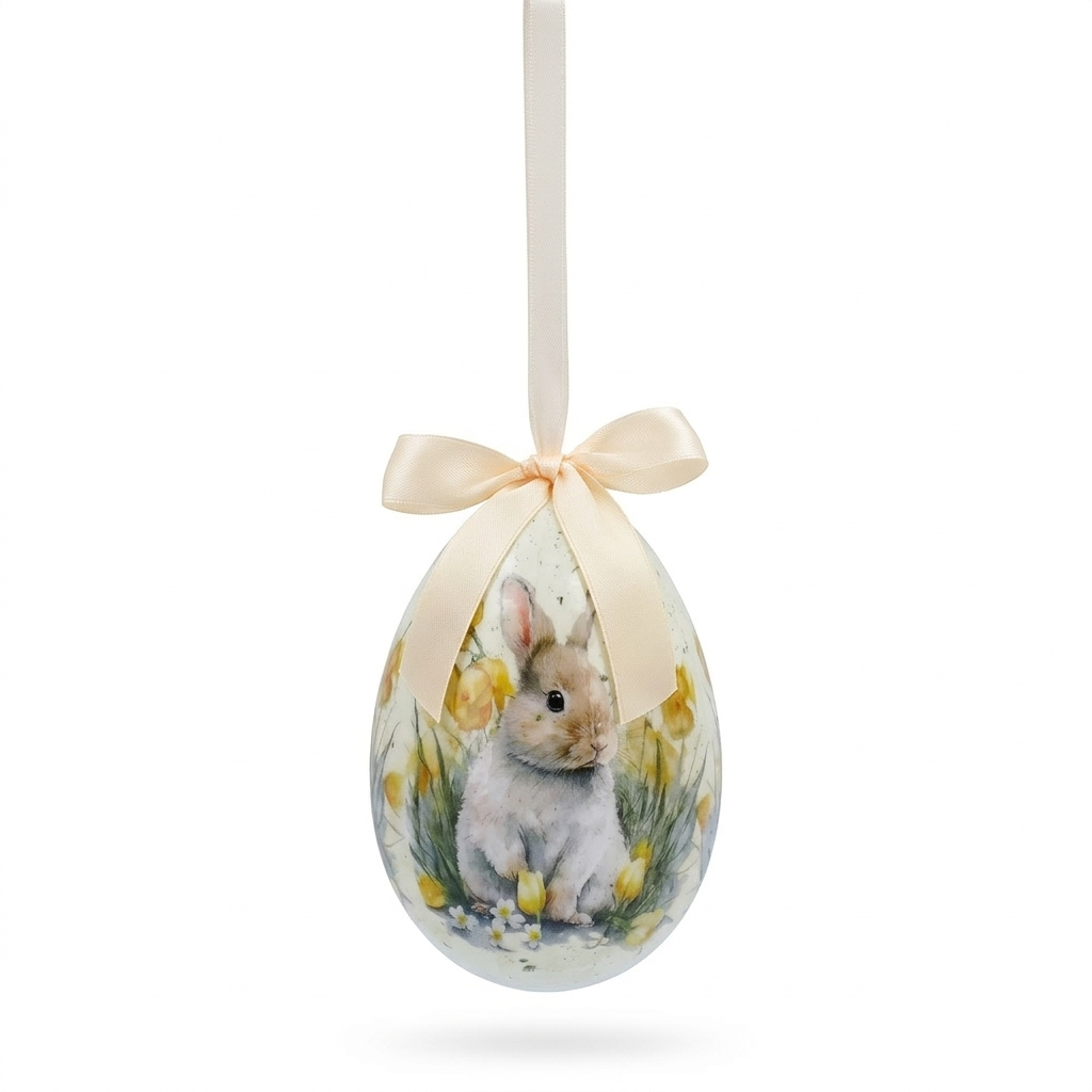 Decorazione pasquale Blanc Mariclò a forma di uovo giallo paglierino con nastro in raso crema. Il decoro centrale raffigura un coniglietto bianco seduto tra narcisi gialli e piccoli fiori bianchi di campo.